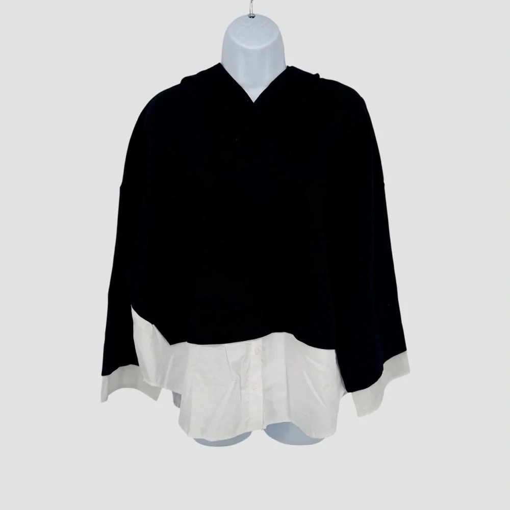 NWT Kenneth Cole Black Hooded Sweatshirt White Button Down Underneath Large